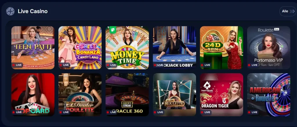 Wizardo Casino Live Casino Bereich mit Roulette, Blackjack und Game Shows