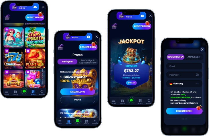Wizardo Casino mobile Ansicht mit Spielen, Bonus und Registrierung auf Smartphone