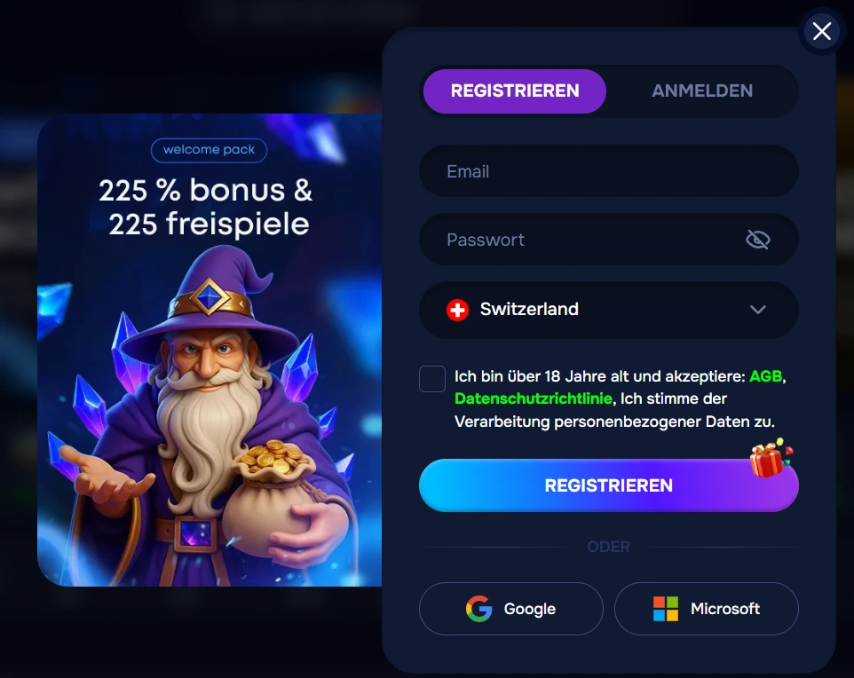 Wizardo Casino Registrierung mit Formular und Willkommensbonus Angebot
