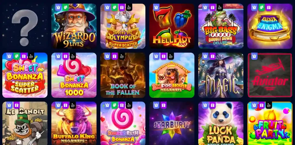 Wizardo Casino Slot Spiele Lobby mit verschiedenen beliebten Spielautomaten