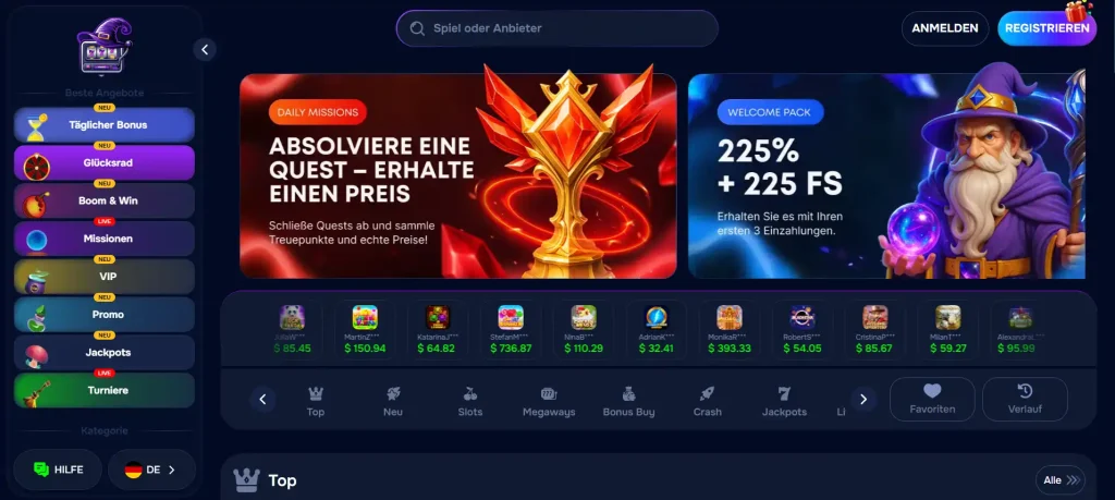 Wizardo Casino Startseite mit Bonus Aktionen, Spielen und Navigation
