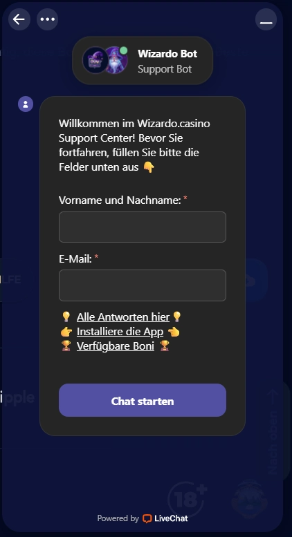 Wizardo Casino Support Chat Bot mit Formular für Name und E-Mail
